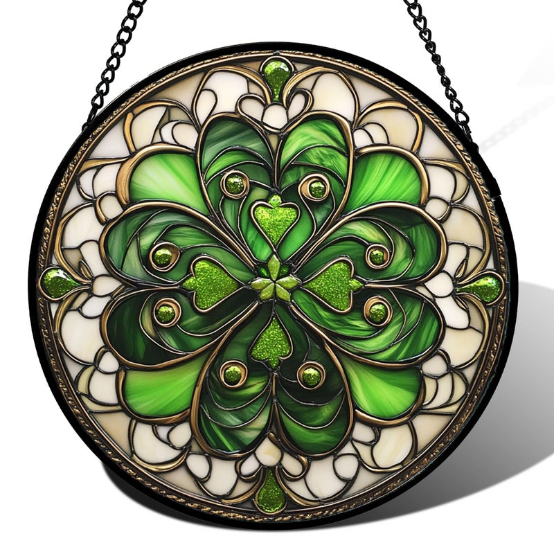DASTOLL Stained Glass Window Hanging St. Ripak Festival Green Lucky Clover 7.8" - Suncatcher Door Garden Sun Catcher Ireland Decor Mother's Day for Mom Woman Her Men Sisters - Image 1
