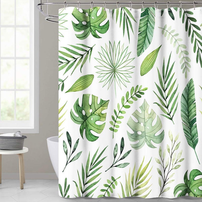 KGORGE Waterproof Shower Curtain for Bathroom Tropical Palm Leaf Pattern on White Background Botanical Curtain Accessory Decor Set for Laundry Room Poolside 72 x 72 inch with Hooks