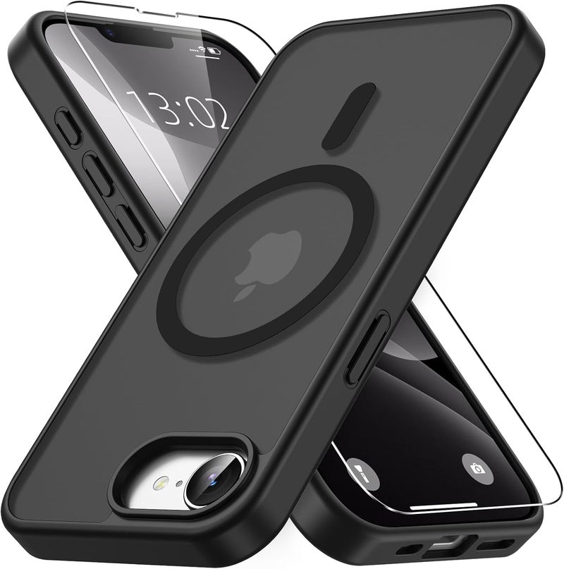 حافظة مغناطيسية لـ iPhone 16e / iPhone 17e مع زجاج واقي واحد، متوافقة مع Magsafe، حماية من السقوط وفق المعايير العسكرية، ظهر غير لامع شفاف، حافظة هاتف مقاومة للصدمات، أسود - Image 1