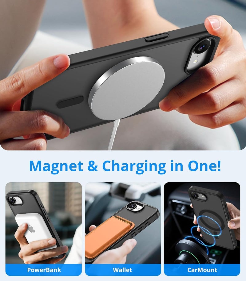 حافظة مغناطيسية لـ iPhone 16e / iPhone 17e مع زجاج واقي واحد، متوافقة مع Magsafe، حماية من السقوط وفق المعايير العسكرية، ظهر غير لامع شفاف، حافظة هاتف مقاومة للصدمات، أسود - Image 3