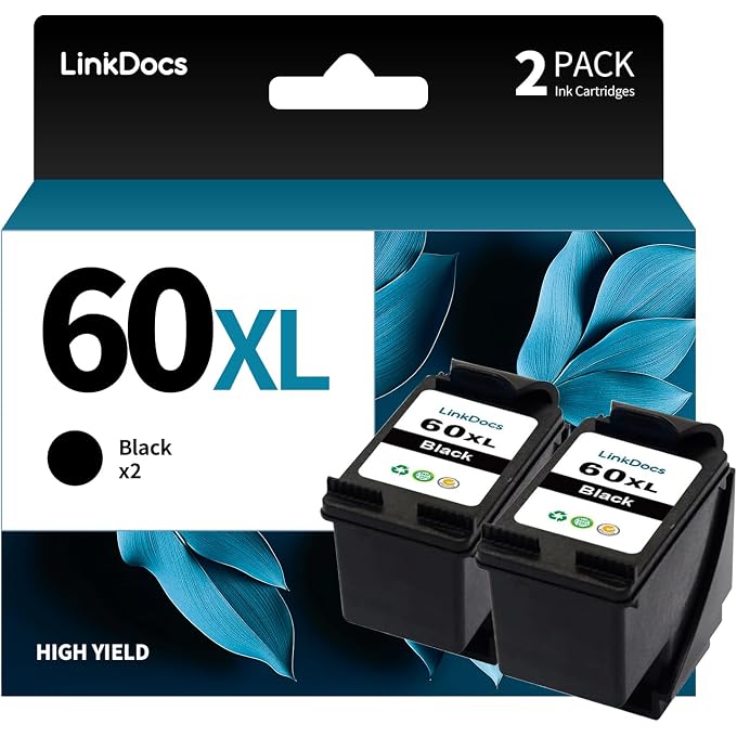 LinkDocs 60XL Remanufactured 60 Black Ink Cartridges Replacement for 60XL CC640WN CC641WN work with PhotoSmart C4795 C4640 D110 F4480 F4440 Envy 100 110 Printer (2 Black)