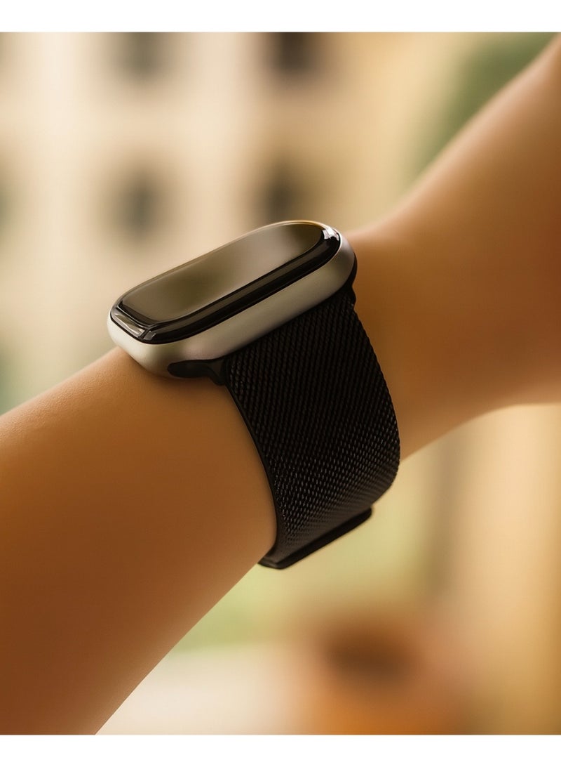 سوار ميلانيز مزدوج الحلقة من شبكة الستانلس ستيل متوافق مع Apple Watch مقاس 42/44/45/46/49 مم، للمقاسات الكبيرة فقط، بإغلاق مغناطيسي، مناسب لـ Series 1–10 و SE و Ultra - Image 2