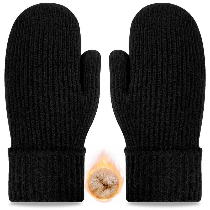 woogwin Winter Mittens for Women Men Warm Thick Thermal Fleece Stretchy Knit Wool Snow Gloves for Cold Weather Folding Cuffs(BlackL) - Image 1