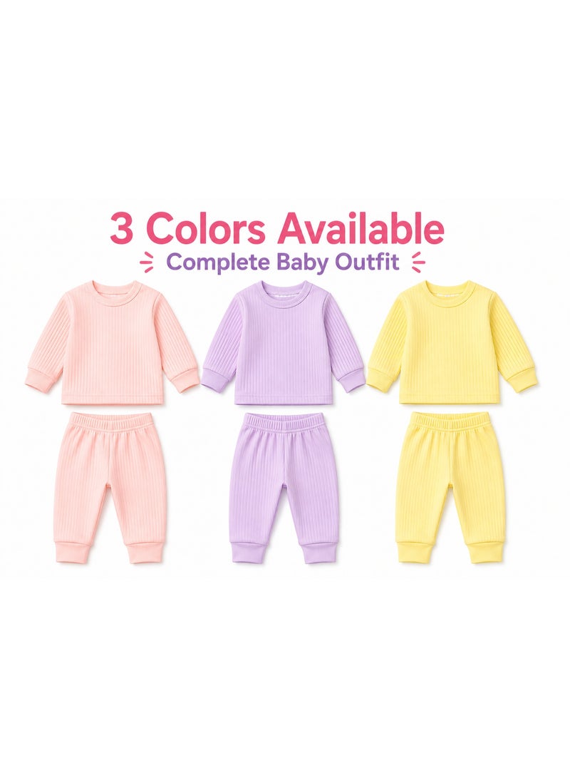 Newborn Baby Girls Sleepwear Set 3 Outfits | Soft Ribbed Fabric | 0–60 Days | Light Pink, Lavender & Light Yellow - Image 3