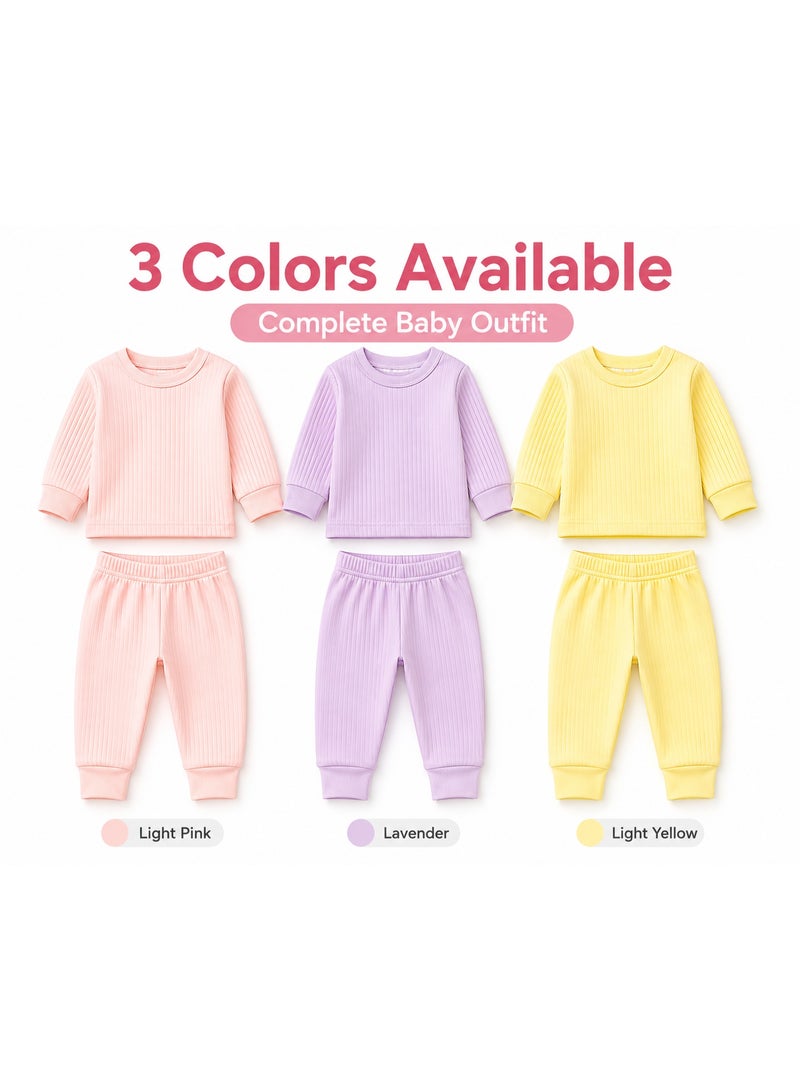 Newborn Baby Girls Sleepwear Set 3 Outfits | Soft Ribbed Fabric | 0–60 Days | Light Pink, Lavender & Light Yellow - Image 2