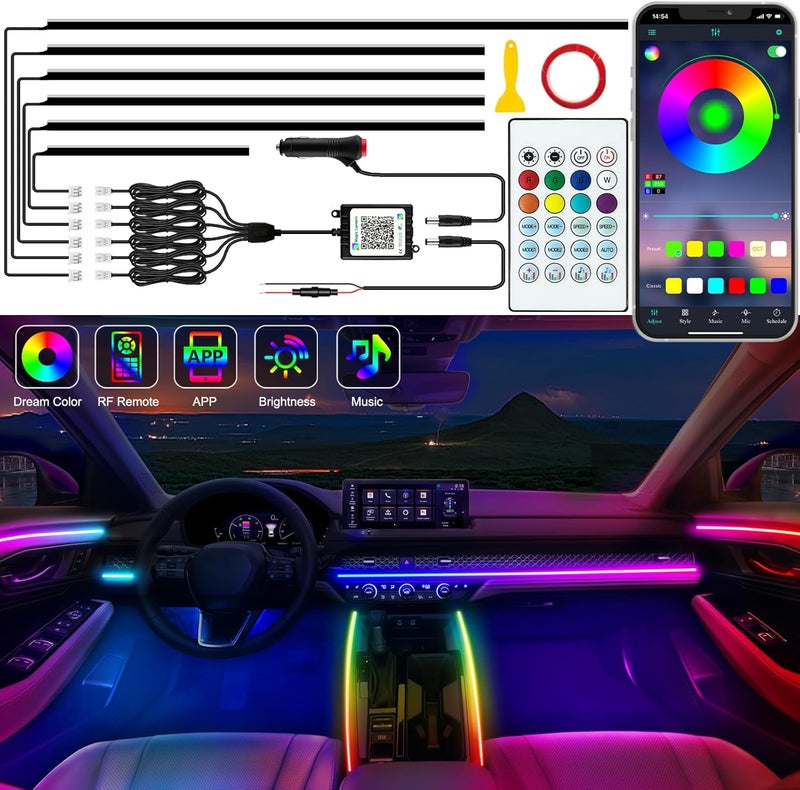 Jushope Interior Car LED Strip Lights, Acrylic LED Lights for Car with Dynamic Dreamcolor Chasing, Ambient Lighting Kits Music Sync Wireless APP and RF Remote Control (6 in 1) - Image 1