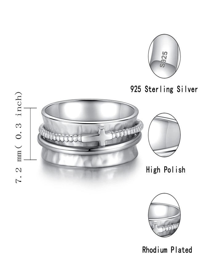 Sariel Cross Anxiety Ring for Women - 925 Sterling Silver Spinner Rings Anti Stress Fidget Rings Band Wide Hammered, silver, No Gemstone - Image 4