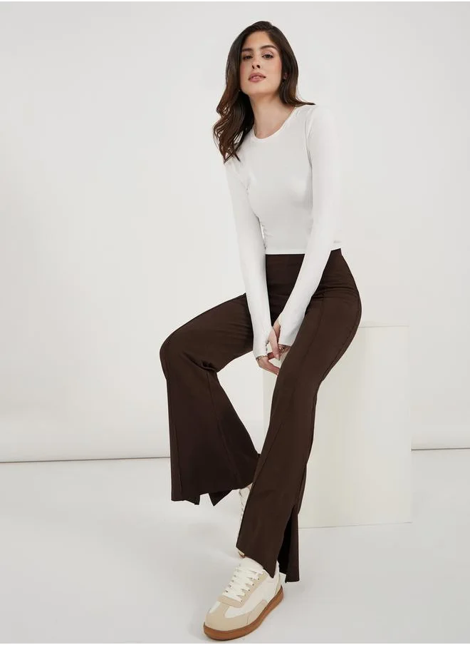 Styli Solid Fit and Flare Leggings with Slit Hem