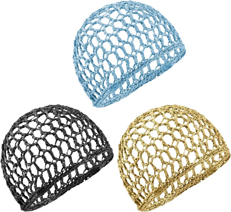 Framendino 3 Pack Mesh Crochet Hair Net Rayon Knit Snoods Hat Thick Hairnet Snood Cover Ornament for Night Sleeping Accessories Blue  Black Khaki