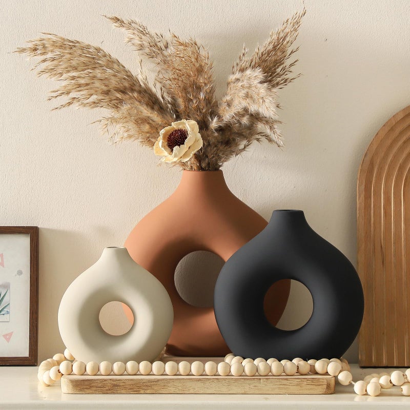 Vanselia Ceramic Vase Home Table Decor - Flower Vases Set of 3 Small Living Room Centerpiece Decorations for Shelf Bedroom Office Kitchen Dining Desk Modern Aesthetic Farmhouse Decorative (Rust) - Image 4