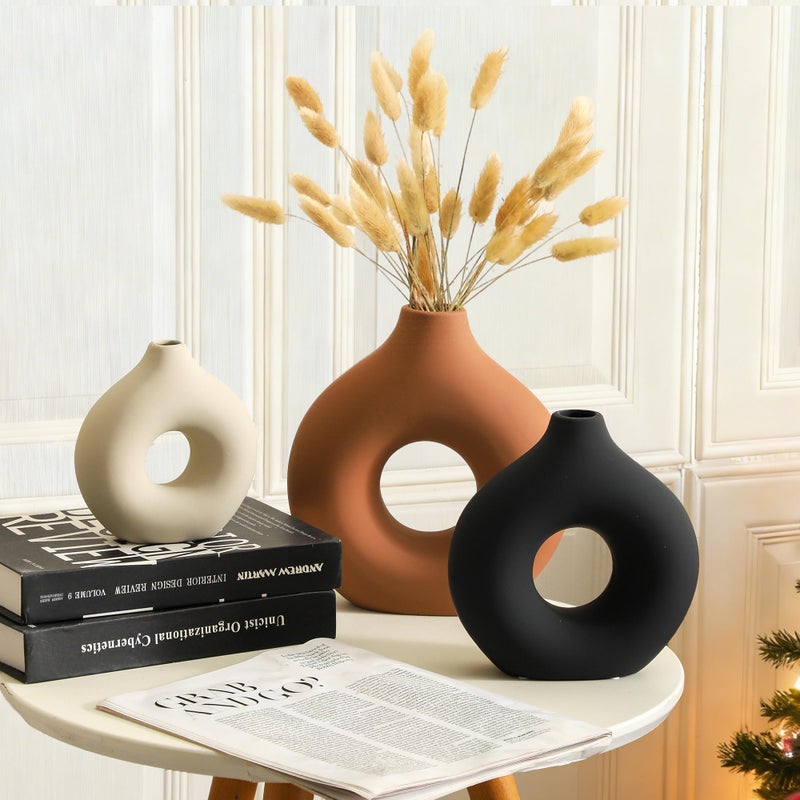 Vanselia Ceramic Vase Home Table Decor - Flower Vases Set of 3 Small Living Room Centerpiece Decorations for Shelf Bedroom Office Kitchen Dining Desk Modern Aesthetic Farmhouse Decorative (Rust) - Image 3