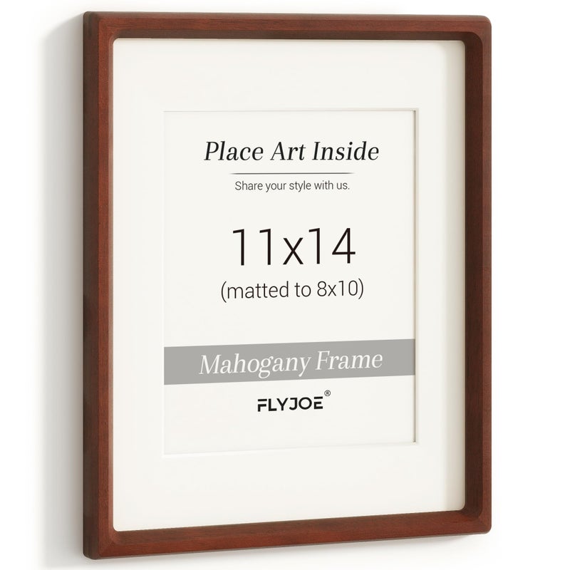 FLYJOE 11x14 Picture Frame, USA-Sourced Natural Mahogany Wood Photo Frame with Tempered Glass, Handcrafted Rounded Corner 11 x 14 Wooden Frame Matted to 8x10 Photos, Hanging Hooks Included - Image 1