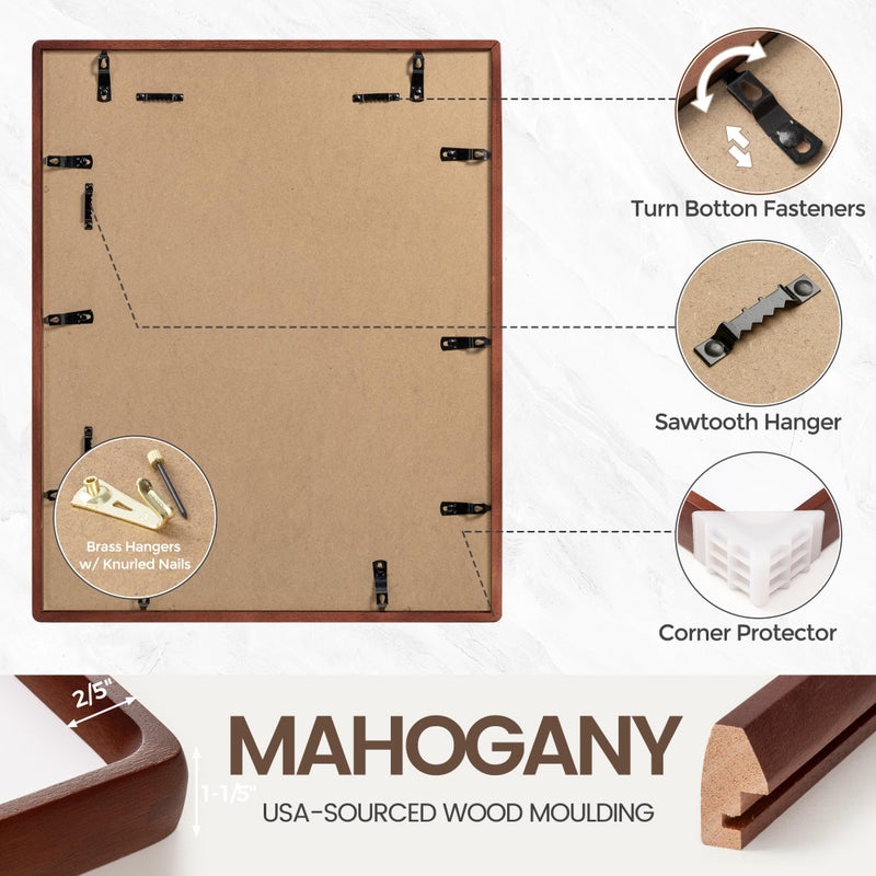 FLYJOE 11x14 Picture Frame, USA-Sourced Natural Mahogany Wood Photo Frame with Tempered Glass, Handcrafted Rounded Corner 11 x 14 Wooden Frame Matted to 8x10 Photos, Hanging Hooks Included - Image 5