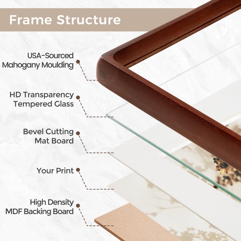 FLYJOE 11x14 Picture Frame, USA-Sourced Natural Mahogany Wood Photo Frame with Tempered Glass, Handcrafted Rounded Corner 11 x 14 Wooden Frame Matted to 8x10 Photos, Hanging Hooks Included - Image 4