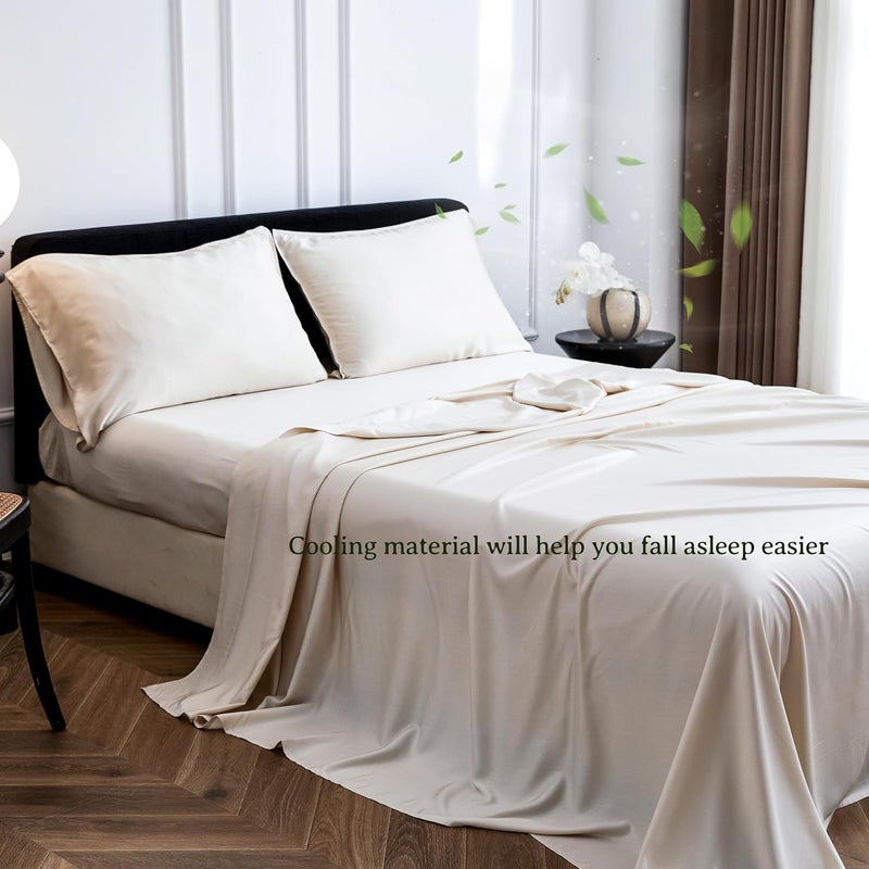 Simple&Opulence 100% Viscose from Bamboo Sheet Set 4Pcs, Cooling for Hot Sleepers, Soft Breathable Bed Sheets Set, 15" (38cm) Deep Pockets, Luxury Hotel Silky Bedding Sheets (Beige,King) - Image 4