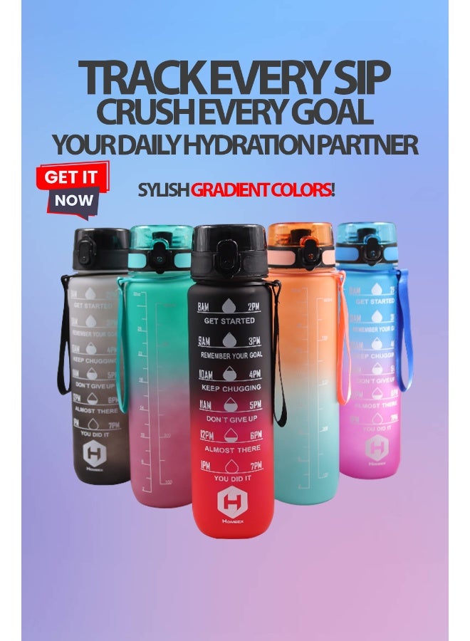 توشيونيكس زجاجة مياه تحفيزية سعة 1000 مل مع علامات زمنية وغطاء قابل للقفل بلمسة واحدة ومقبض حمل واحد - خالية من مادة BPA وغطاء مانع للتسرب وصديقة للبيئة ومصنوعة من البلاستيك وقابلة لإعادة الاستخدام وتذكير بالشرب للبالغين والأطفال في المدرسة والمكتب والترطيب اليومي وصالة الألعاب الرياضية واللياقة البدنية والأنشطة الخارجية والرياضة والسفر، زجاجة سعة 32 أونصة - Image 3