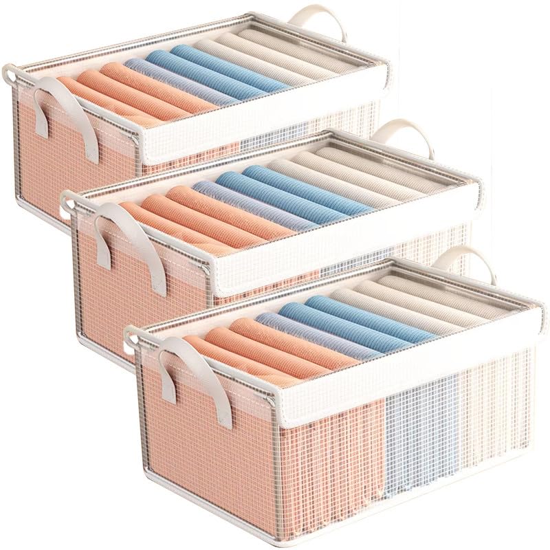 Prime Pick Storage Box Zip Cloth Organizer PVC Foldable Washable Wardrobe Storage Bin with Lid Metal Frame and reinforced Handles Clothes Organizer for Almirah Drawer Transparent Pack of 3 - Image 1