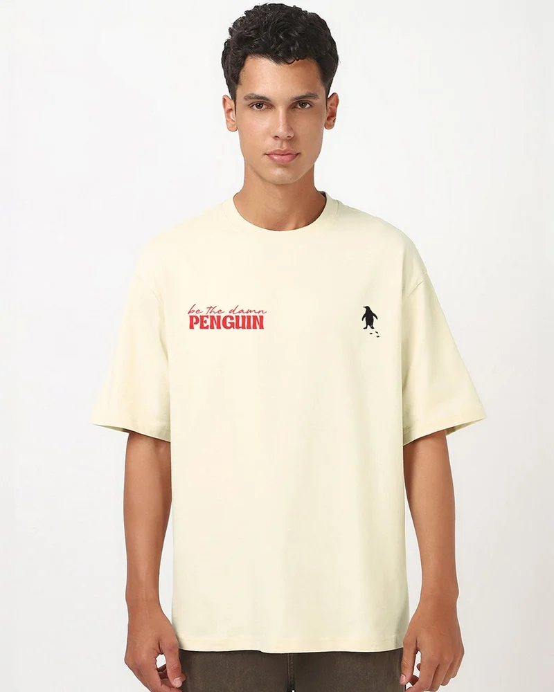 بيواكوف Men's Off White Be The Penguin Graphic Printed Oversized T-shirt
