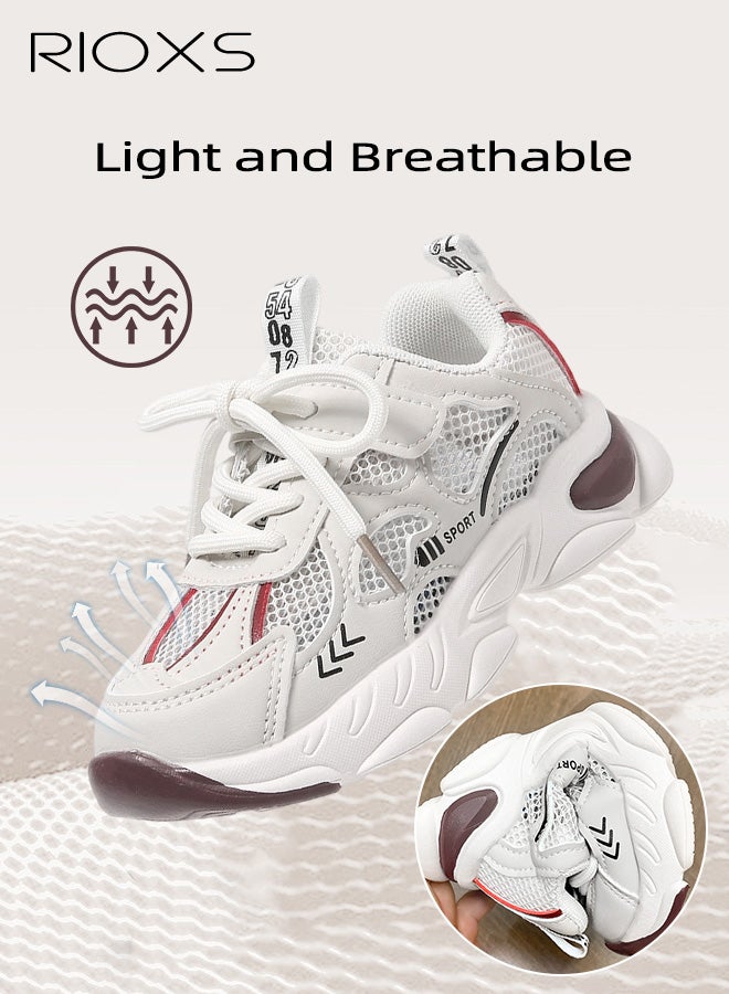 ريوكس أحذية رياضية سميكة للأطفال، أحذية رياضية سميكة بقاعدة سميكة وشبكة قابلة للتنفس، أحذية رياضية كلاسيكية خفيفة الوزن برباط للأولاد والبنات، أحذية رياضية مانعة للانزلاق للمدرسة والتخييم والسفر والجري والتنس والمشي لمسافات طويلة والمزيد، بيج أحمر - Image 3