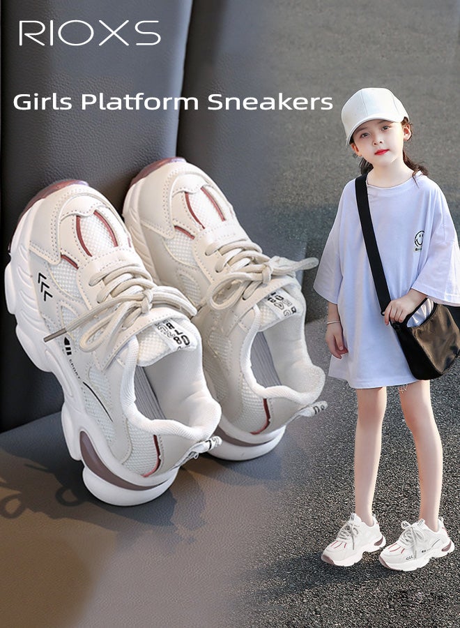 ريوكس أحذية رياضية سميكة للأطفال، أحذية رياضية سميكة بقاعدة سميكة وشبكة قابلة للتنفس، أحذية رياضية كلاسيكية خفيفة الوزن برباط للأولاد والبنات، أحذية رياضية مانعة للانزلاق للمدرسة والتخييم والسفر والجري والتنس والمشي لمسافات طويلة والمزيد، بيج أحمر - Image 2