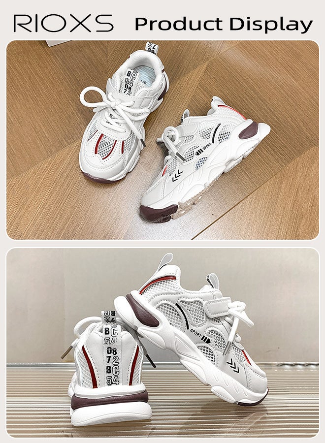ريوكس أحذية رياضية سميكة للأطفال، أحذية رياضية سميكة بقاعدة سميكة وشبكة قابلة للتنفس، أحذية رياضية كلاسيكية خفيفة الوزن برباط للأولاد والبنات، أحذية رياضية مانعة للانزلاق للمدرسة والتخييم والسفر والجري والتنس والمشي لمسافات طويلة والمزيد، بيج أحمر - Image 5