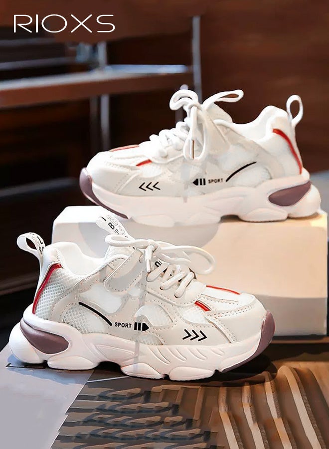 ريوكس أحذية رياضية سميكة للأطفال، أحذية رياضية سميكة بقاعدة سميكة وشبكة قابلة للتنفس، أحذية رياضية كلاسيكية خفيفة الوزن برباط للأولاد والبنات، أحذية رياضية مانعة للانزلاق للمدرسة والتخييم والسفر والجري والتنس والمشي لمسافات طويلة والمزيد، بيج أحمر - Image 2