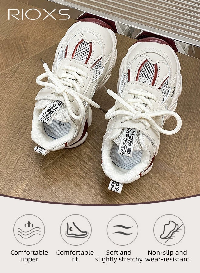 ريوكس أحذية رياضية سميكة للأطفال، أحذية رياضية سميكة بقاعدة سميكة وشبكة قابلة للتنفس، أحذية رياضية كلاسيكية خفيفة الوزن برباط للأولاد والبنات، أحذية رياضية مانعة للانزلاق للمدرسة والتخييم والسفر والجري والتنس والمشي لمسافات طويلة والمزيد، بيج أحمر - Image 5