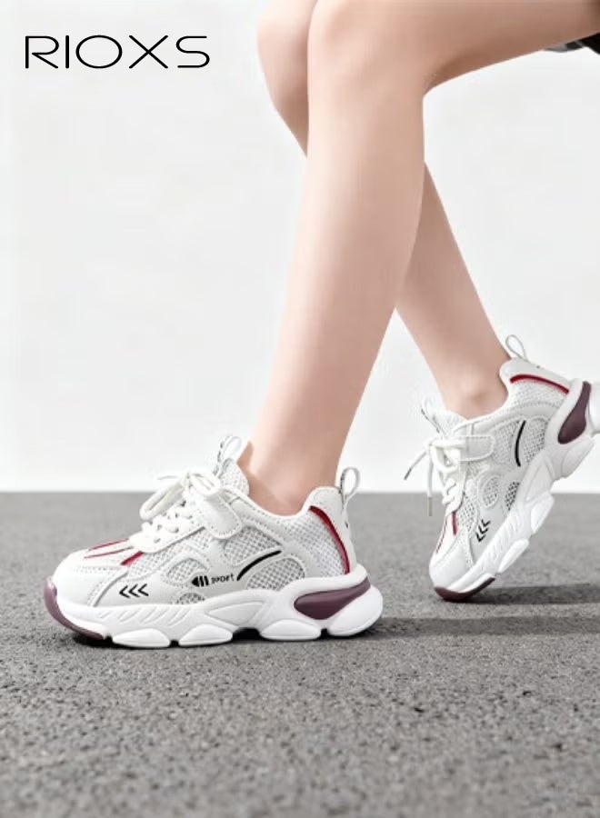 RIOXS Kids Chunky Sneakers, Girls' Sports Shoes, Boys' Fashion Sneakers, Breathable Mesh Chunky Platform Sneakers, Kids Unisex Running Shoes, Classic Lace-up Lightweight Athlesiure Sneaker, Comfort Tennis Shoe for Boys and Girls , Non-slip Sport Shoe for School/ Camping/Travel/ Running, Beige Red Footwear - Image 1