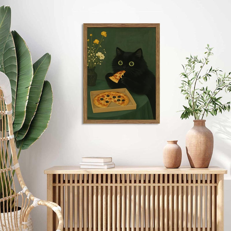 AKWISH Framed Black Cat Wall Art, Cute The Cat Eating Pizza Canvas, Funny Kitchen Pictures Decor, Playful Food Lover Prints Artwork, Whimsical Animal Wall Decor for Kitchen Dining Room â€“ 8x10 inch - Image 4