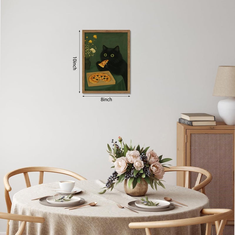 AKWISH Framed Black Cat Wall Art, Cute The Cat Eating Pizza Canvas, Funny Kitchen Pictures Decor, Playful Food Lover Prints Artwork, Whimsical Animal Wall Decor for Kitchen Dining Room â€“ 8x10 inch - Image 3