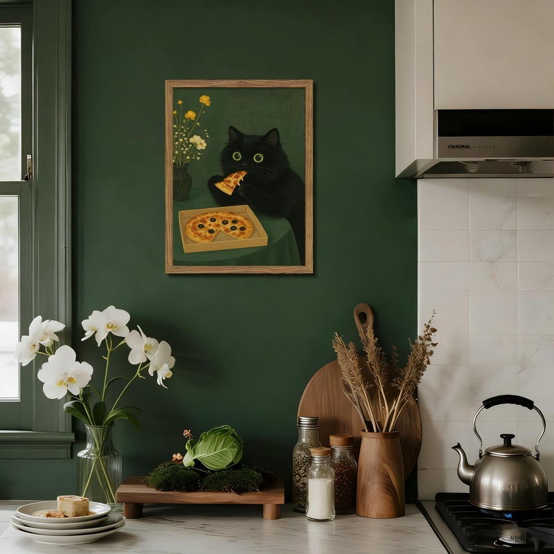 AKWISH Framed Black Cat Wall Art, Cute The Cat Eating Pizza Canvas, Funny Kitchen Pictures Decor, Playful Food Lover Prints Artwork, Whimsical Animal Wall Decor for Kitchen Dining Room â€“ 8x10 inch - Image 2
