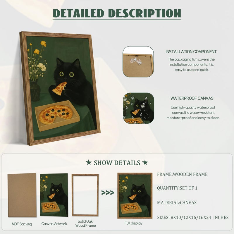 AKWISH Framed Black Cat Wall Art, Cute The Cat Eating Pizza Canvas, Funny Kitchen Pictures Decor, Playful Food Lover Prints Artwork, Whimsical Animal Wall Decor for Kitchen Dining Room â€“ 8x10 inch - Image 5