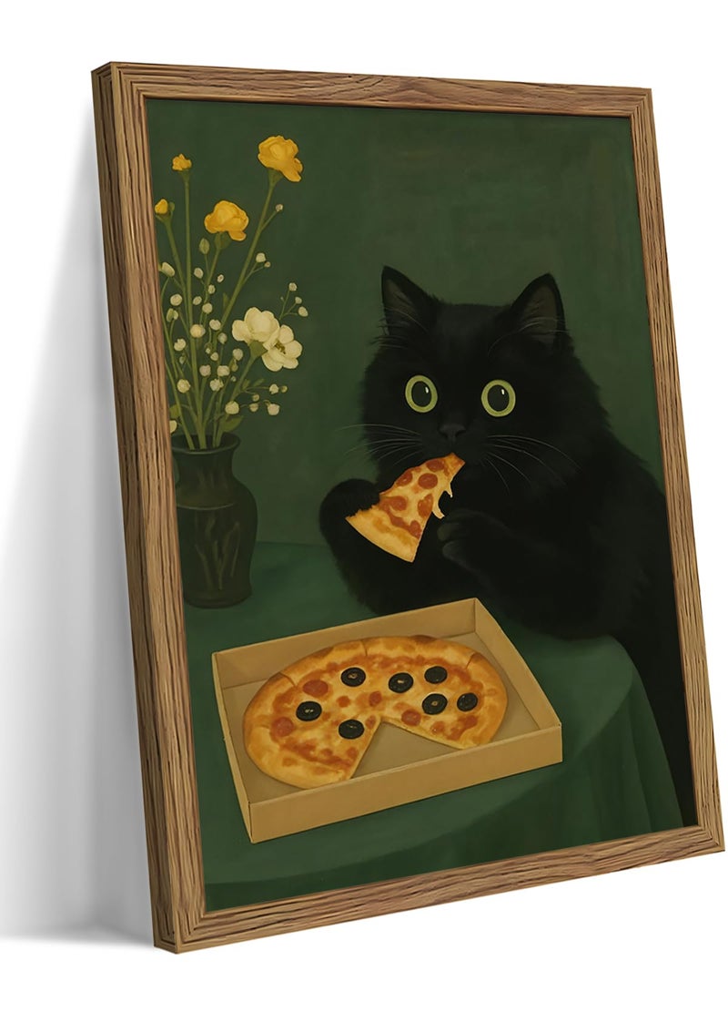 AKWISH Framed Black Cat Wall Art, Cute The Cat Eating Pizza Canvas, Funny Kitchen Pictures Decor, Playful Food Lover Prints Artwork, Whimsical Animal Wall Decor for Kitchen Dining Room â€“ 8x10 inch - Image 1