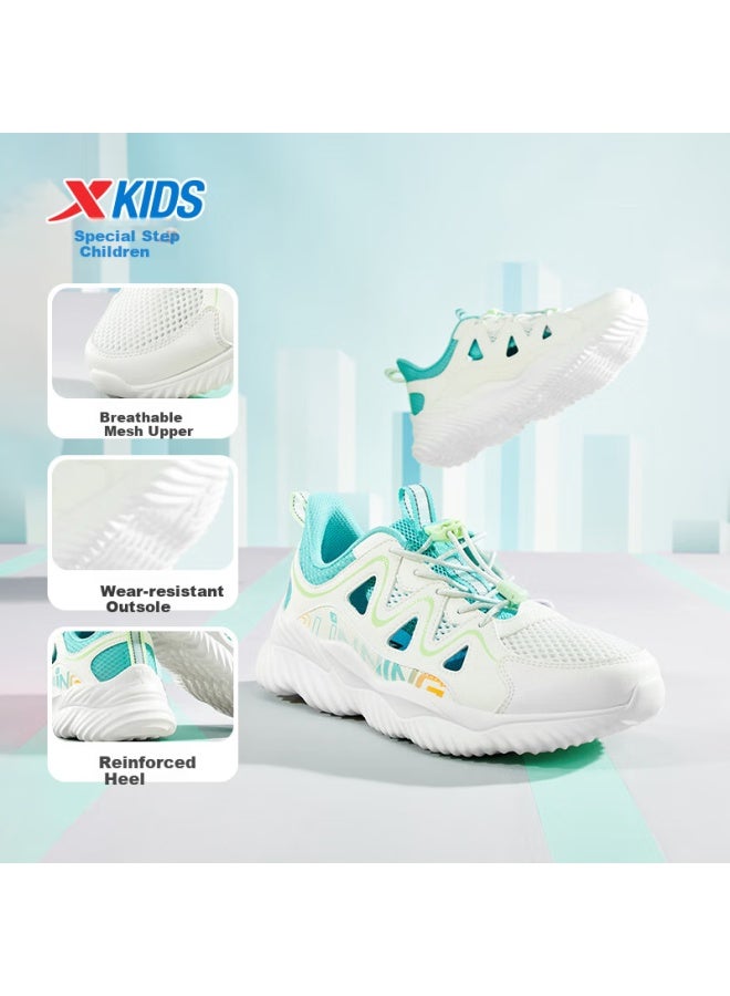 Xtep Children's Shoes, Boys' Big Kids Hollow Frame Breathable Tail Buckle Running Shoes, Sail White/aurora Green, Size 38