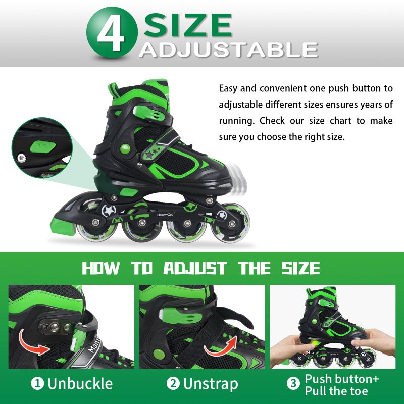 MammyGol Adjustable Inline Skates for Boys Girls Kids Youth with Light up Wheels, Green Beginner Blades Roller Skates for Boys Size 1 2 3 4 Ages 6-12 - Image 4
