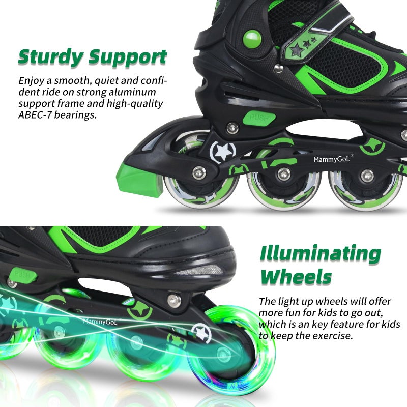MammyGol Adjustable Inline Skates for Boys Girls Kids Youth with Light up Wheels, Green Beginner Blades Roller Skates for Boys Size 1 2 3 4 Ages 6-12 - Image 3