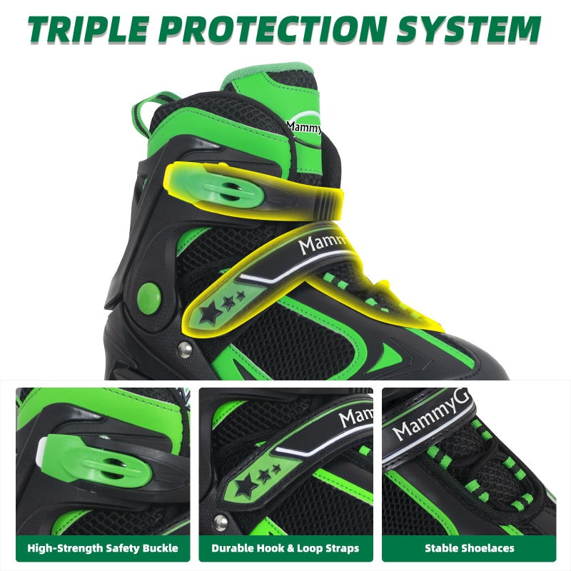 MammyGol Adjustable Inline Skates for Boys Girls Kids Youth with Light up Wheels, Green Beginner Blades Roller Skates for Boys Size 1 2 3 4 Ages 6-12 - Image 2