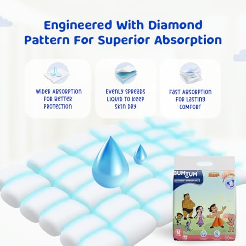 Bumtum Chota Bheem Baby Diapers | Pant Style Baby Diapers Medium Size, 144 Count | Double Layer Leakage Protection Infused With Aloe Vera, Cottony Soft High Absorb Technology (72 Count, Pack of 2) - Image 5