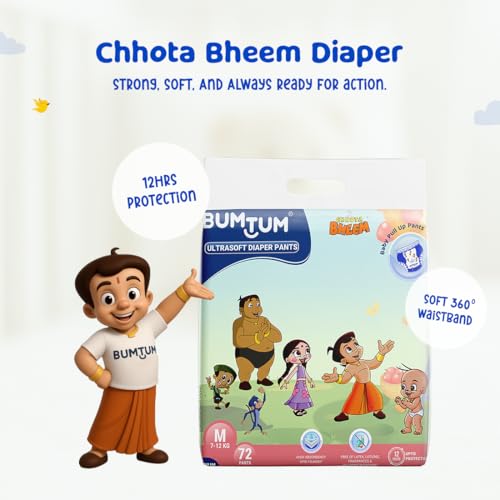 Bumtum Chota Bheem Baby Diapers | Pant Style Baby Diapers Medium Size, 144 Count | Double Layer Leakage Protection Infused With Aloe Vera, Cottony Soft High Absorb Technology (72 Count, Pack of 2) - Image 3
