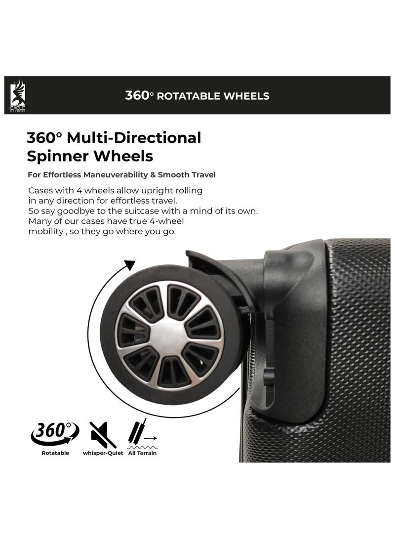 ايجل اكسبريس طقم شنط سفر Aura مكون من 3 قطع (20/24/28 بوصة) – أسود، خامة High Impact، قفل مدمج، 4 عجلات صامتة، ضمان سنة - Image 5