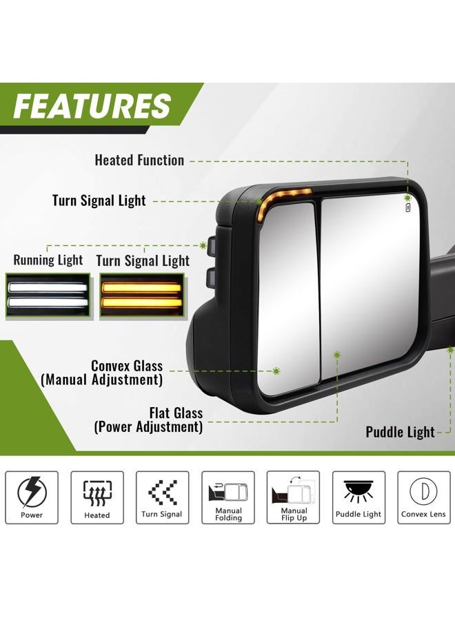 SIZIOM Towing Mirrors for 2002-2008 Dodge Ram 1500/2003-2009 Ram 2500 3500 with Switchback Dynamic Turn Signal/Running Lights, Puddle Lamp, Heated Power Glass, Manual Flip-Up - Image 2