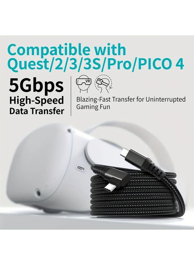 5M 16FT USB C VR Headset Cable 90 Degree Right Angle Nylon Braided USB 3 1 Gen1 5Gbps Data PD60W Fast Charging Extended VR Link Cable For Meta Quest Pico 4 SteamVR Highspeed Connection Tanglefree Wire Flexible Design Sturdy Construction Reinforced Connector - Image 2