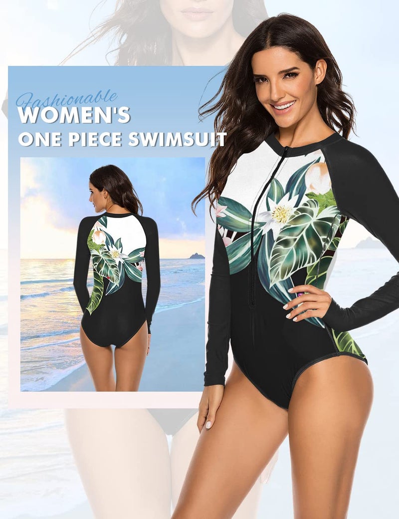 SELINK Women's Long Sleeve Rash Guard UV Protection Zipper Printed Surfing One Piece Swimsuit Bathing Suit Black-3 XL - Image 4