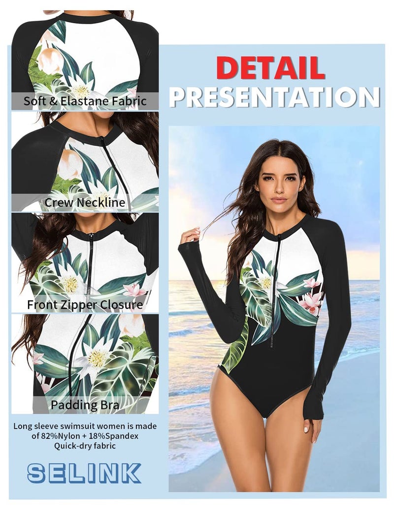 SELINK Women's Long Sleeve Rash Guard UV Protection Zipper Printed Surfing One Piece Swimsuit Bathing Suit Black-3 XL - Image 3