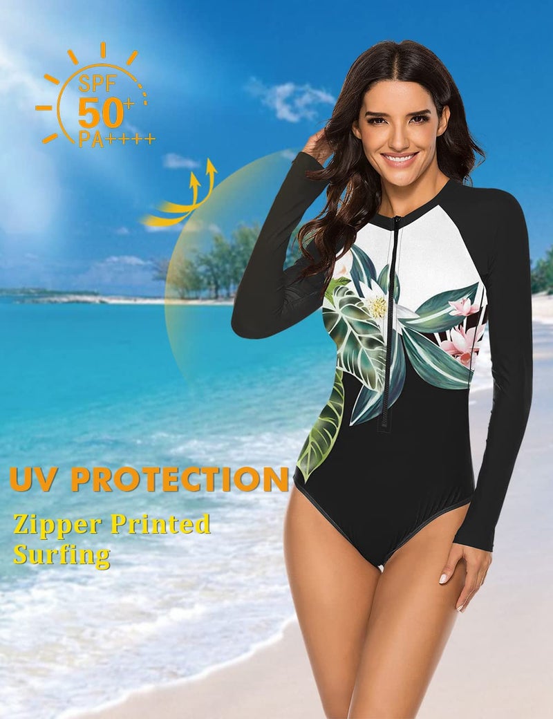 SELINK Women's Long Sleeve Rash Guard UV Protection Zipper Printed Surfing One Piece Swimsuit Bathing Suit Black-3 XL - Image 2