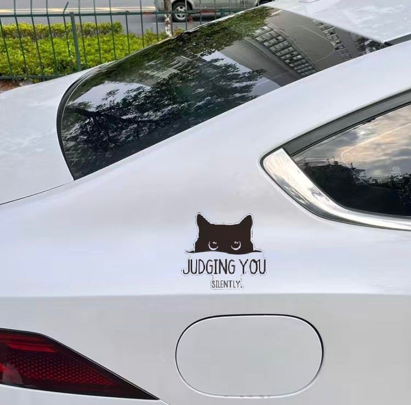 MAKTEM Peeking Curious Black Cat with Words Judging You Silently Car Decal, Unique Humorour Vinyl Decal, Peeking Cat Decal Window Trunk Rear Bumper, Black, 1PC