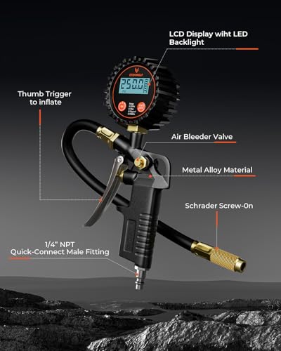 ETENWOLF T500 Digital Tire Pressure Gauge with Inflator, Tire Gauge 0-250 PSI, Calibrated to ANSI B40.7 Grade 2A, Air Chuck & Compressor Accessories with Storage Bag, Black - Image 5