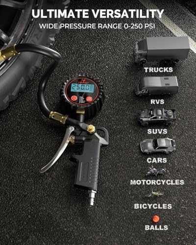 ETENWOLF T500 Digital Tire Pressure Gauge with Inflator, Tire Gauge 0-250 PSI, Calibrated to ANSI B40.7 Grade 2A, Air Chuck & Compressor Accessories with Storage Bag, Black - Image 3