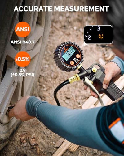 ETENWOLF T500 Digital Tire Pressure Gauge with Inflator, Tire Gauge 0-250 PSI, Calibrated to ANSI B40.7 Grade 2A, Air Chuck & Compressor Accessories with Storage Bag, Black - Image 2