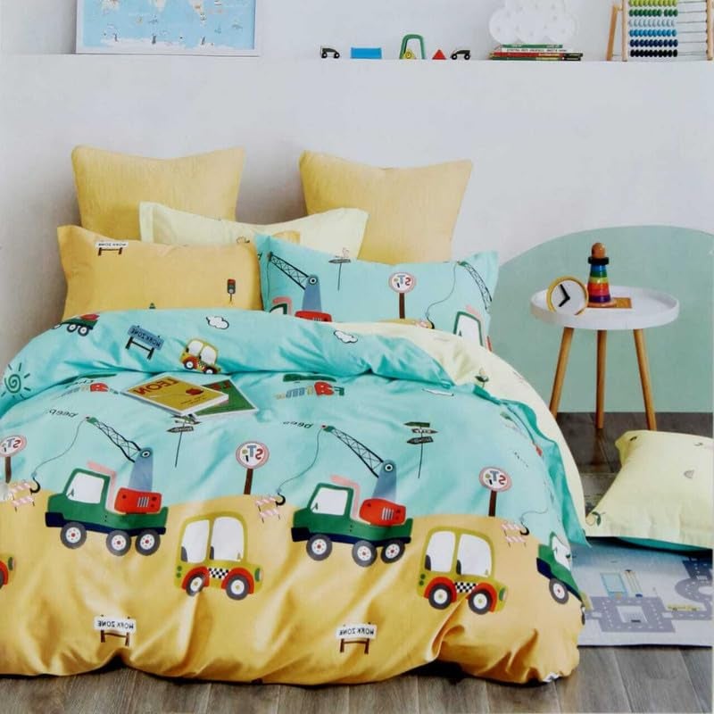 Shivi Creation Skin Friendly Ultrasoft Prime Collection Kids Printed Flat 1 Double Bedsheet with 2 Pillow Covers Size 90 x 100 Inch Firoji Yellow Work Zone Kidzee2  - Image 1